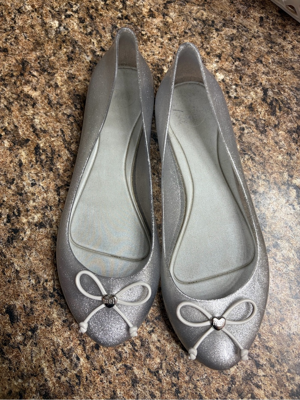 Melissa Silver Glitter Ballet Flats with White Bow